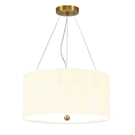The Pearce 18" Pendant Light - Aged Brass, Ivory Shade showcases a substantial cylindrical faux silk ivory shade that hangs effortlessly from an aged brass ceiling mount via three sleek wires. At its core, a white electrical cord provides a warm and softly illuminated ambiance.