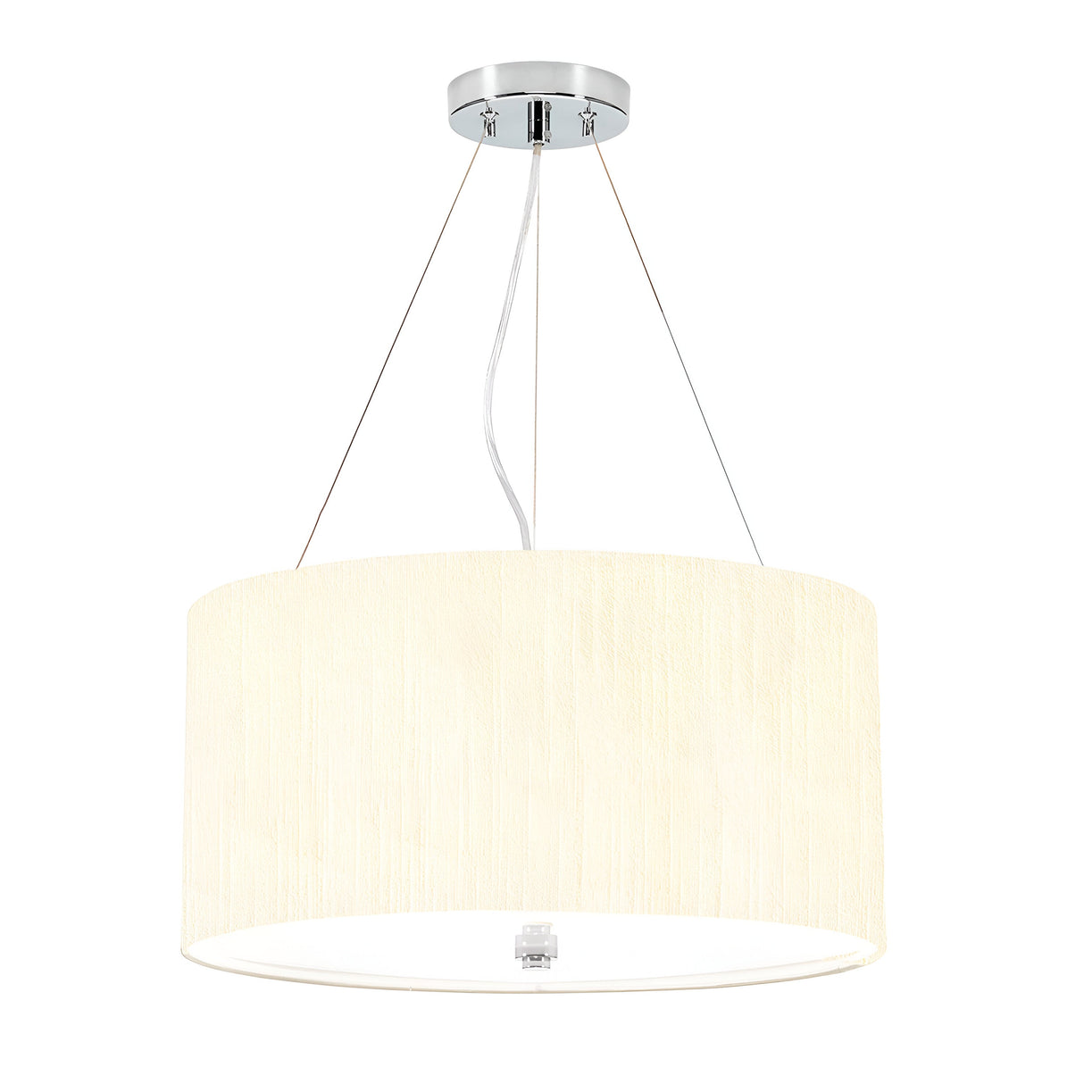 Introducing the Pearce 18" Pendant Light, which beautifully showcases a cylindrical ivory shade coupled with a polished chrome fixture. This design is elegantly suspended by three thin wires with a white cord through the center, making it an exquisite addition to any white background.