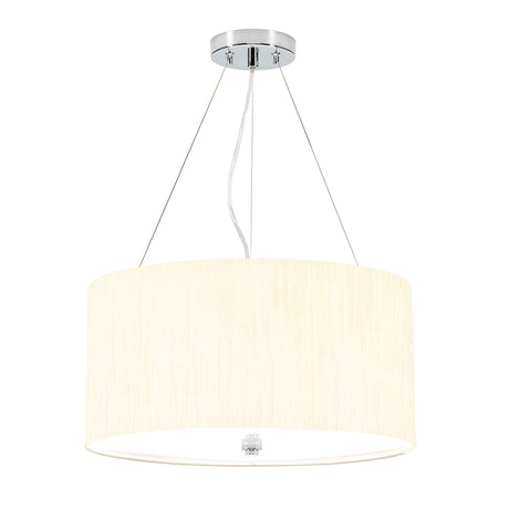 Introducing the Pearce 18" Pendant Light, which beautifully showcases a cylindrical ivory shade coupled with a polished chrome fixture. This design is elegantly suspended by three thin wires with a white cord through the center, making it an exquisite addition to any white background.