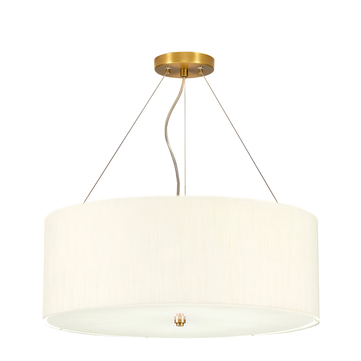 The Pearce 22" Pendant Light in aged brass boasts a large, cylindrical faux silk ivory shade, suspended by three thin wires from a round canopy and highlighting a single bulb at its center.
