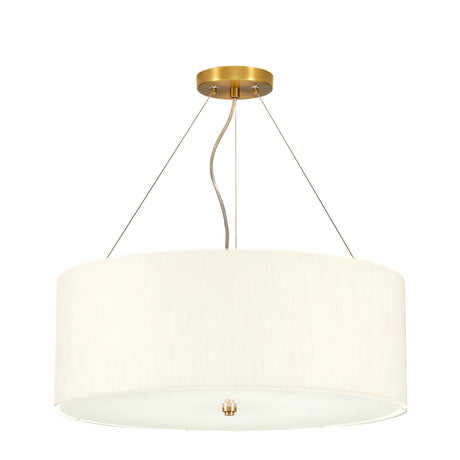 The Pearce 22" Pendant Light in aged brass boasts a large, cylindrical faux silk ivory shade, suspended by three thin wires from a round canopy and highlighting a single bulb at its center.