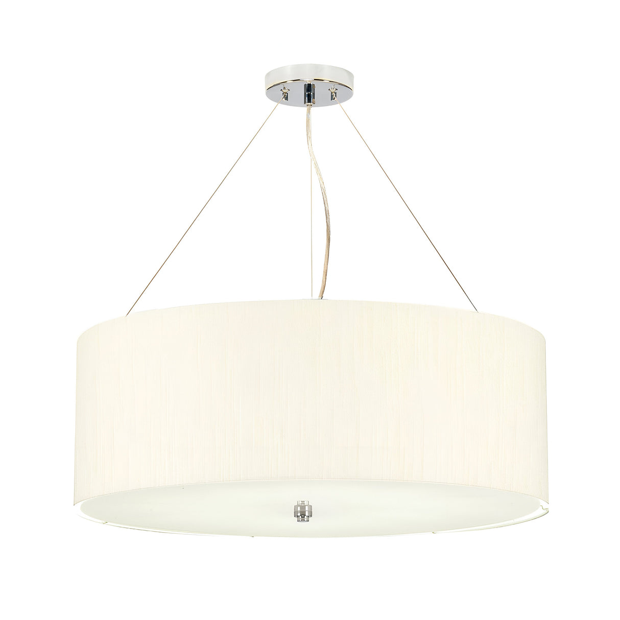 The Pearce 22" Pendant Light in polished chrome and featuring an ivory shade hangs elegantly from a ceiling fixture. It is suspended by three wires and includes a central glass or frosted diffuser at the bottom, making it ideal for contemporary and minimalist interiors.