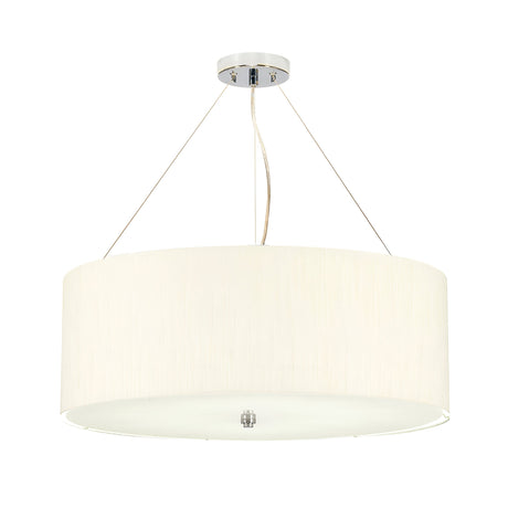 The Pearce 22" Pendant Light in polished chrome and featuring an ivory shade hangs elegantly from a ceiling fixture. It is suspended by three wires and includes a central glass or frosted diffuser at the bottom, making it ideal for contemporary and minimalist interiors.