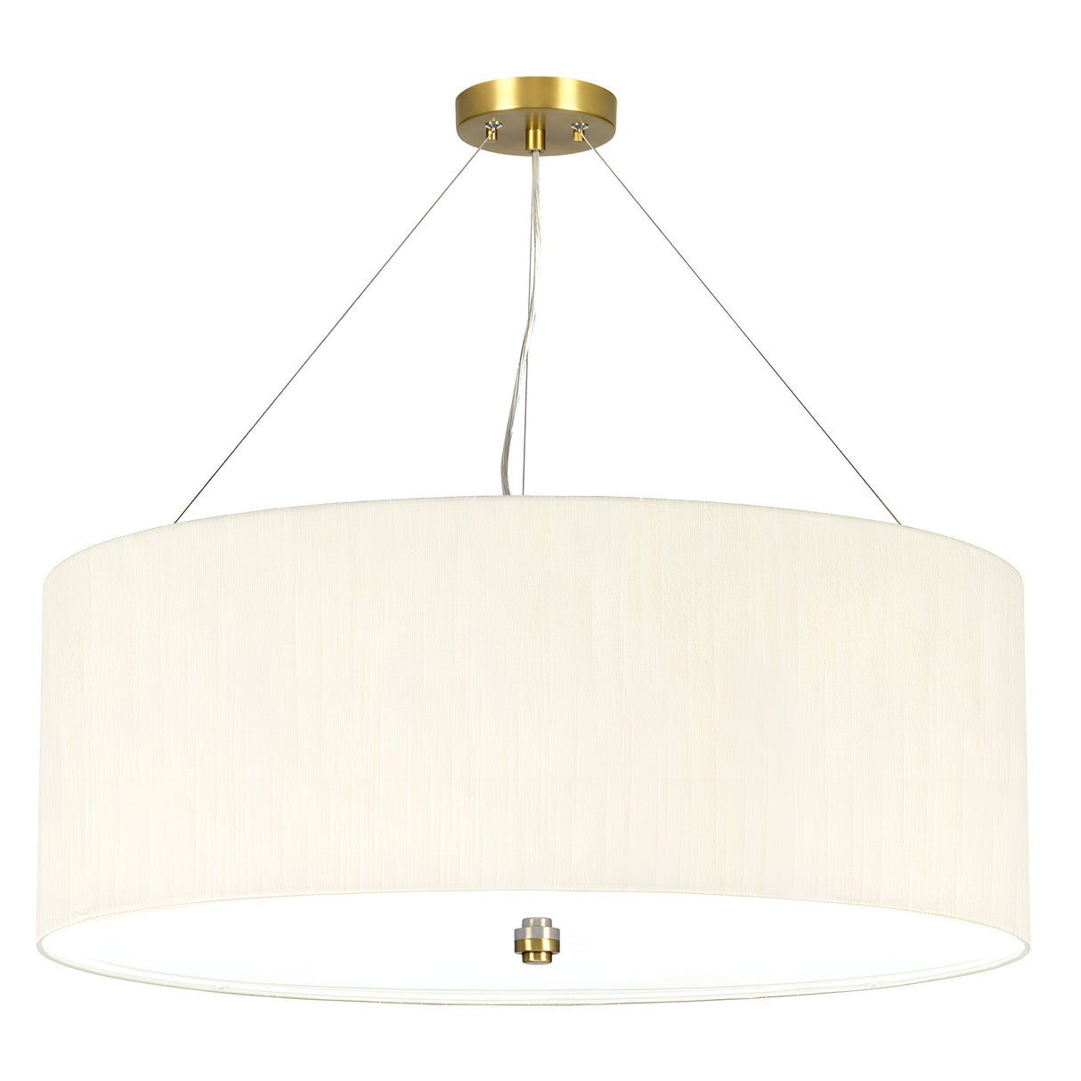 The Pearce 26" Pendant Light showcases a sleek and modern design with an aged brass ceiling mount that elegantly suspends a large cylindrical faux silk ivory shade using three thin wires. Its minimalist aesthetic is ideal for contemporary interiors.