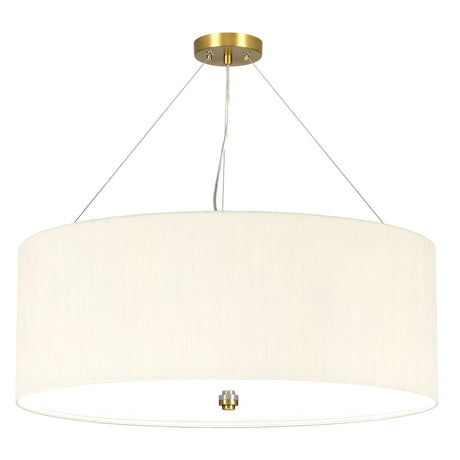 The Pearce 26" Pendant Light showcases a sleek and modern design with an aged brass ceiling mount that elegantly suspends a large cylindrical faux silk ivory shade using three thin wires. Its minimalist aesthetic is ideal for contemporary interiors.