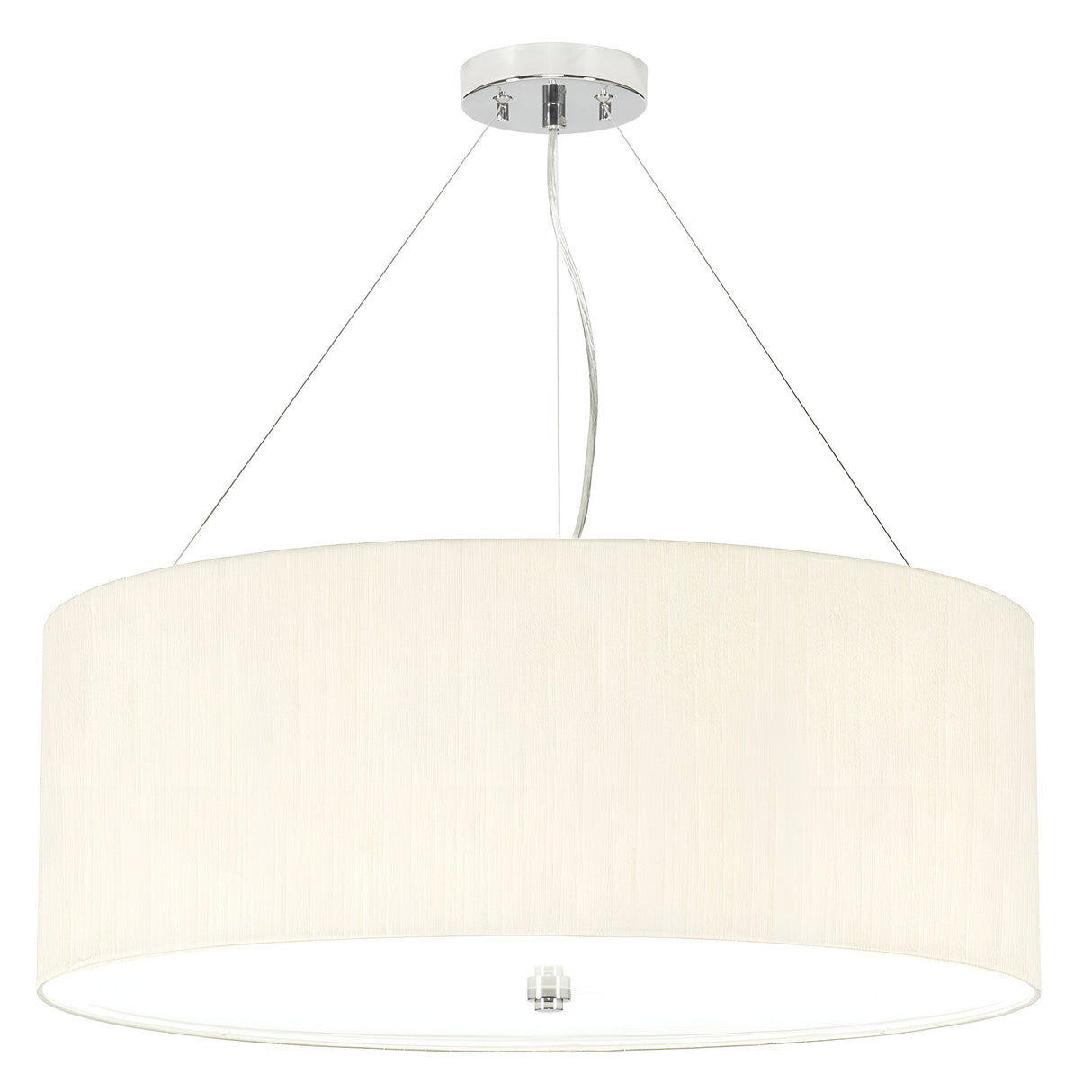 The Pearce 26" Pendant Light features a sleek, polished chrome ceiling mount, complemented by an ivory cylindrical shade. Suspended by three thin wires, this minimalist pendant light is ideal for modern interiors, providing a soft and diffused illumination.