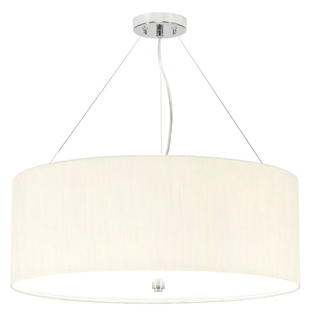 The Pearce 26" Pendant Light features a sleek, polished chrome ceiling mount, complemented by an ivory cylindrical shade. Suspended by three thin wires, this minimalist pendant light is ideal for modern interiors, providing a soft and diffused illumination.