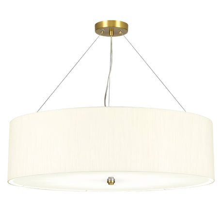 Introducing the Pearce 30" Pendant Light in aged brass, featuring a large, circular ivory faux silk shade. This modern fixture is elegantly suspended by three thin wires connected to an aged brass ceiling mount, perfect for a minimalist and sophisticated look.