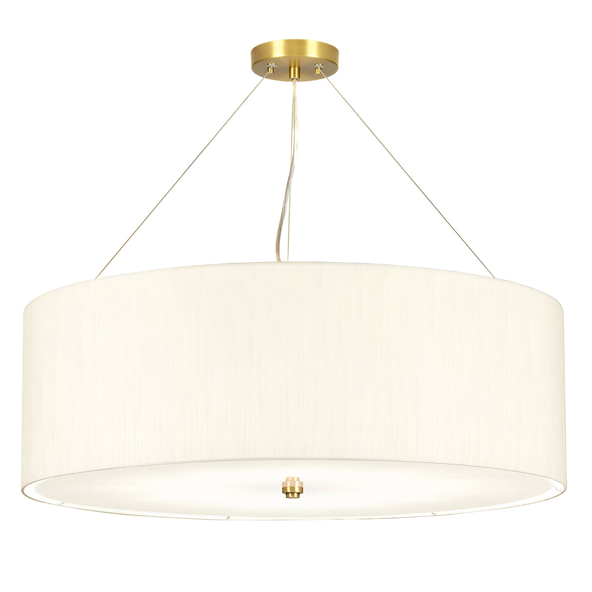 Introducing the Pearce 34" Pendant Light, showcasing an aged brass base and wide faux silk ivory shade, elegantly suspended from the ceiling by three thin wires.