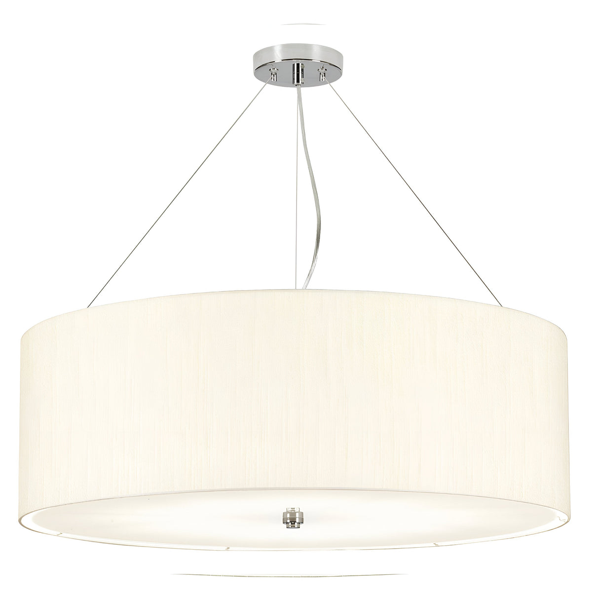 The Pearce 34" Pendant Light features a large, cylindrical ivory fabric shade gracefully suspended by three slim wires connected to a sleek polished chrome ceiling mount. Ideal for modern interiors, its design is both minimalist and elegant.