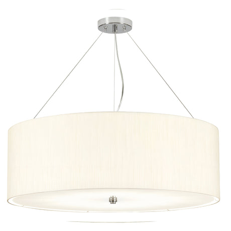 The Pearce 34" Pendant Light features a large, cylindrical ivory fabric shade gracefully suspended by three slim wires connected to a sleek polished chrome ceiling mount. Ideal for modern interiors, its design is both minimalist and elegant.