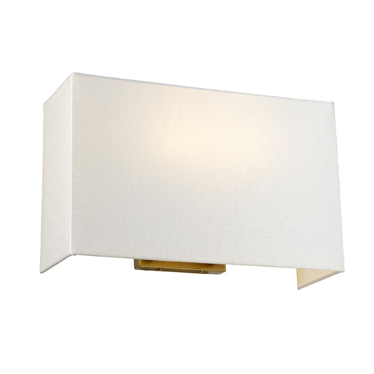 The Riley Large Rectangular Wall Light - Aged Brass showcases an ivory shade and an aged brass base, casting a gentle glow.