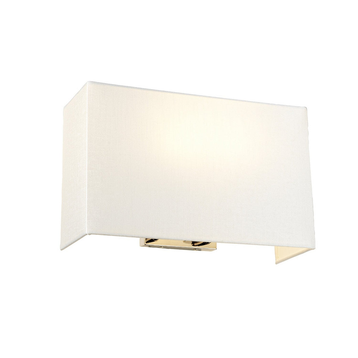 The Riley Large Rectangular Wall Light in polished chrome boasts a modern design with a sleek white fabric shade set against an unadorned background, providing a gentle, warm illumination.