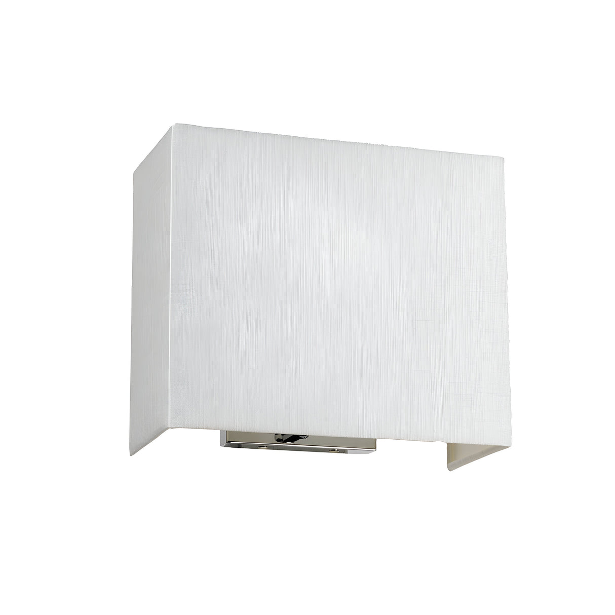 The Riley Medium Rectangular Wall Light - Polished Chrome boasts a minimalist design, highlighted by its rectangular white shade and polished chrome finish. This sleek and contemporary wall sconce is ideal for ambient indoor lighting decoration.