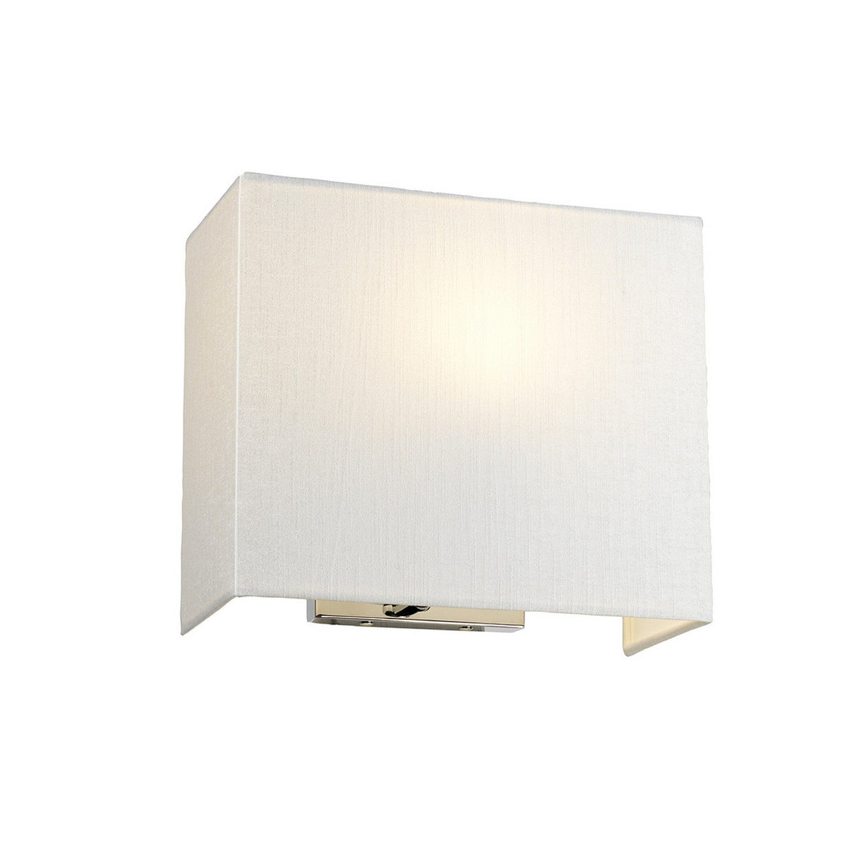 The Riley Medium Rectangular Wall Light - Polished Chrome showcases a minimalist design with a refined metal fixture in a polished chrome finish. Its rectangular white fabric shade gently diffuses ambient light, creating a warm glow perfect for any modern space.