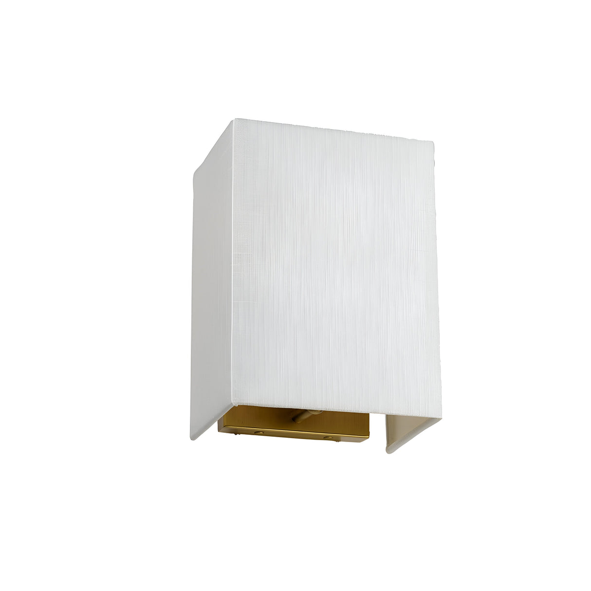 A minimalistic white, cube-shaped wall light fixture rests against a plain background. The Riley Small Rectangular Wall Light - Aged Brass emits a subtle downward glow, adding an elegant touch.