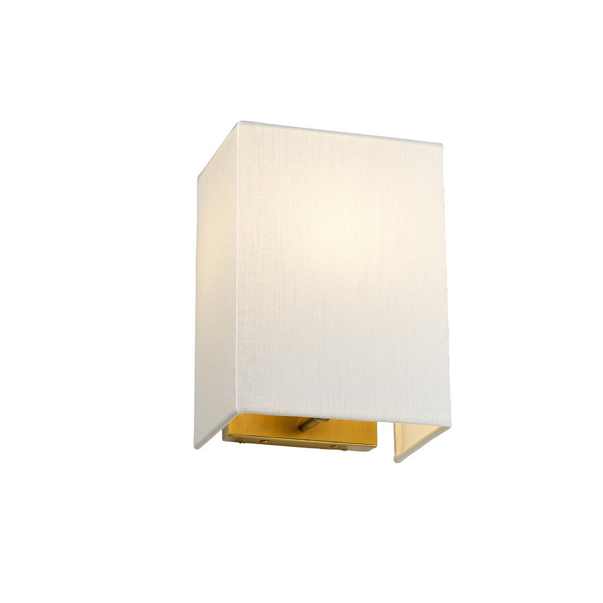 The Riley Small Rectangular Wall Light in aged brass features a minimalist design with a faux silk shade, elegantly mounted against a white background. It softly illuminates to accentuate the fabric's texture.