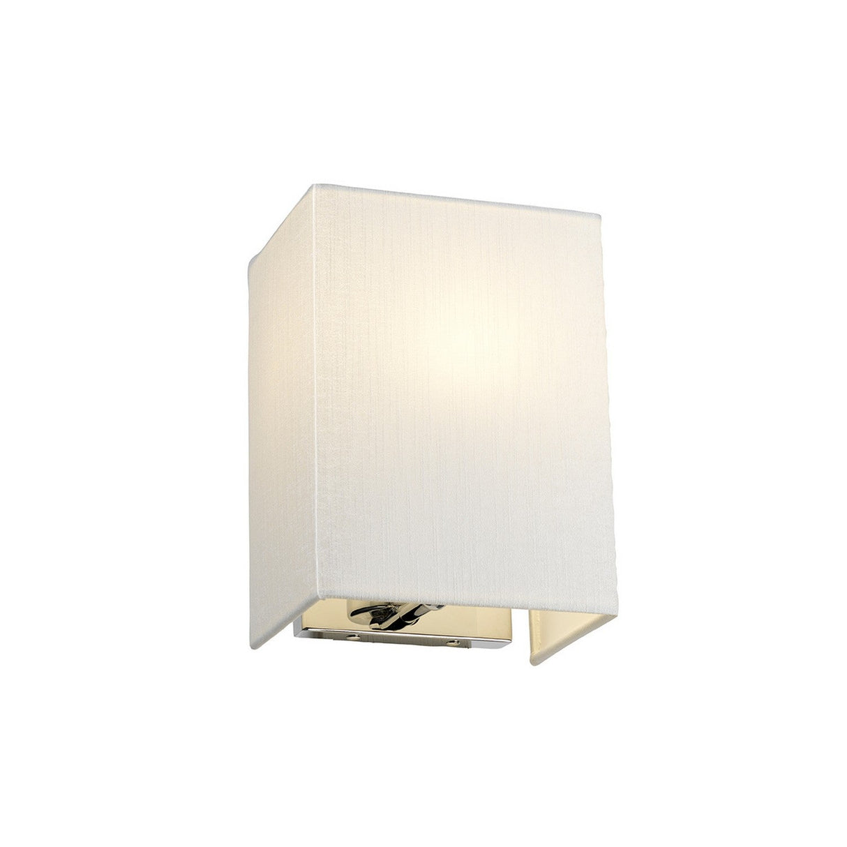 The Riley Small Rectangular Wall Light - Polished Chrome showcases a modern wall sconce that features a white fabric shade, emitting a gentle warm glow. Its sleek and minimalist design is accentuated by the polished chrome base, making it an ideal choice for adding contemporary lighting to any space.