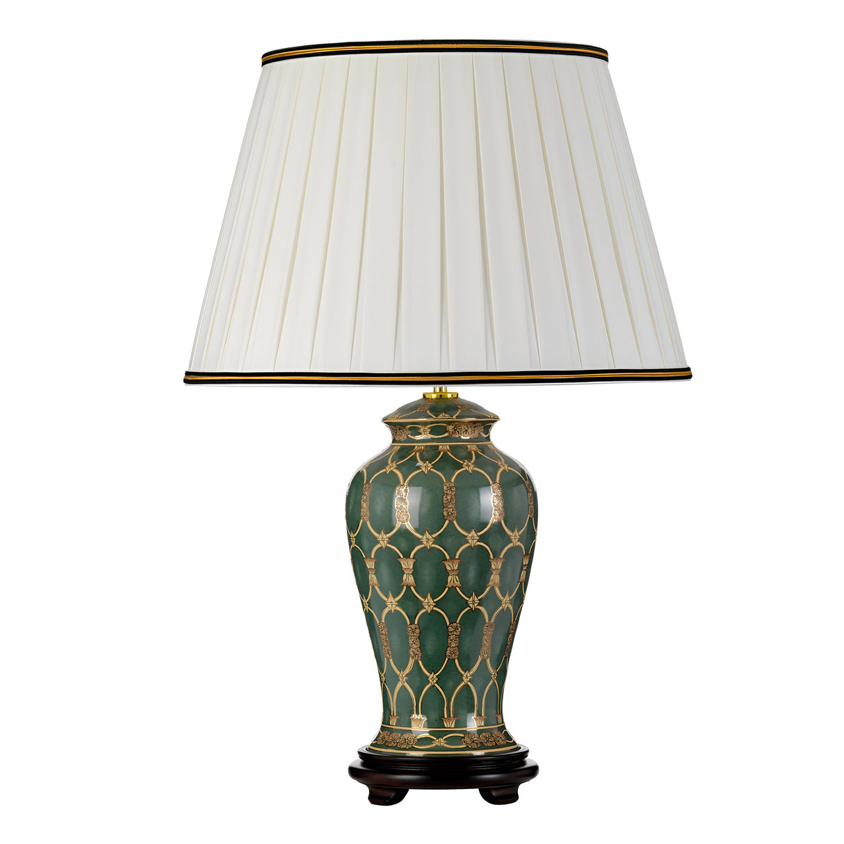 The Sashi Table Lamp With Tall Empire Shade in Green, Gold & Brown showcases exquisite oriental craftsmanship, displaying a tall green ceramic base embellished with gold geometric designs. Its pleated white lampshade, accented with black and gold trim, provides the ideal ambient lighting while situated on a sleek black rounded base.