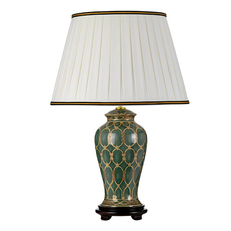 The Sashi Table Lamp With Tall Empire Shade in Green, Gold & Brown showcases exquisite oriental craftsmanship, displaying a tall green ceramic base embellished with gold geometric designs. Its pleated white lampshade, accented with black and gold trim, provides the ideal ambient lighting while situated on a sleek black rounded base.