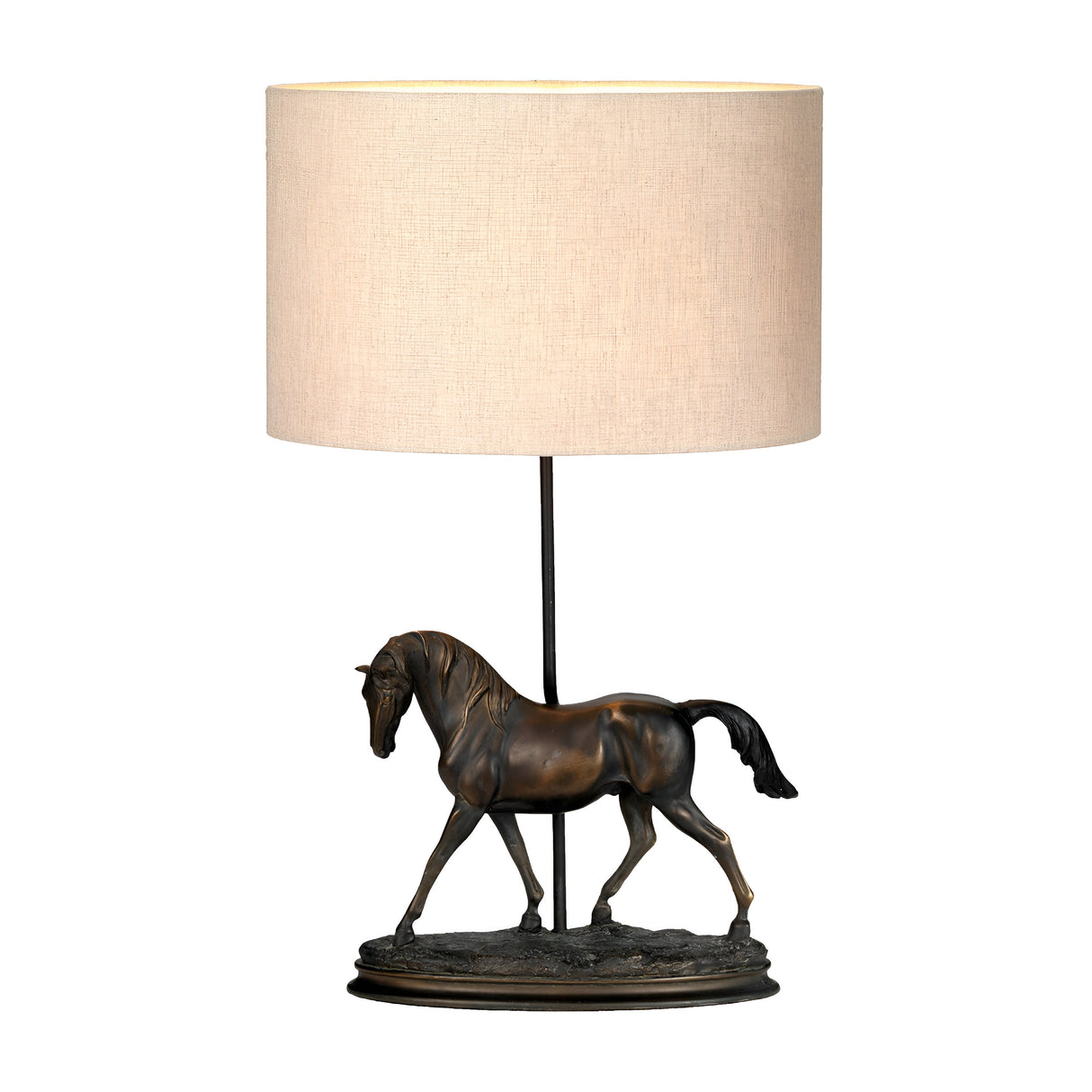 For equestrian enthusiasts, the Spirit Table Lamp With Oval Shade - Bronze Patina showcases a bronze horse statue as its base, finished with a refined patina. Complemented by a large cylindrical cream lampshade and resting on a textured oval base, this piece adds an elegant touch to any room's decor.