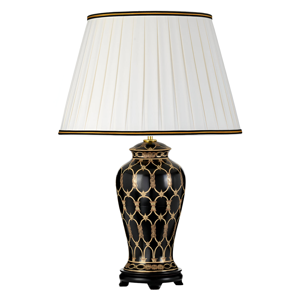 The Taipei Table Lamp with Tall Empire Shade is a decorative piece featuring a white pleated lampshade atop an oriental ceramic vase-like base adorned with gold geometric patterns. This black and gold lighting accent stands gracefully on a small black platform, bringing intricate detailing to any space.