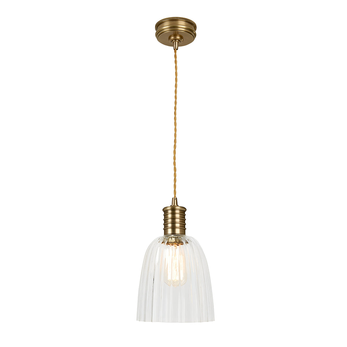 The Douille 1 Light Pendant in aged brass features a gracefully suspended design with a twisted cord. Its clear ribbed glass shade reveals an exposed bulb, beautifully complemented by LED filament lamps, creating an elegant and timeless look.