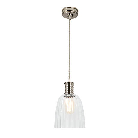The Douille 1 Light Pendant - Polished Nickel showcases a hanging design with a clear, ribbed glass shade and polished nickel finish metal fittings. It features a vintage-style LED filament bulb that adds charm, all suspended by a twisted cord from a round ceiling mount.