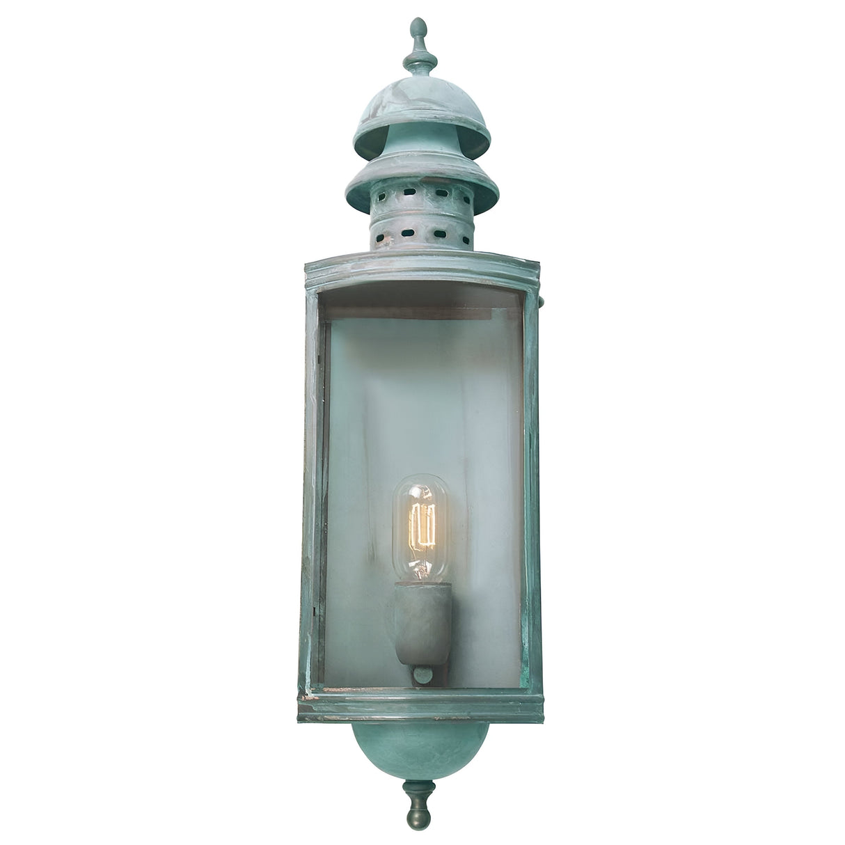 Introducing the Downing Outdoor Wall Light in Turquoise, a vintage-style metal wall lantern inspired by pre-Georgian design. It showcases a transparent glass front with a visible bulb encased within its decorative, layered top and intricate details, beautifully finished with a rounded finial at the bottom.