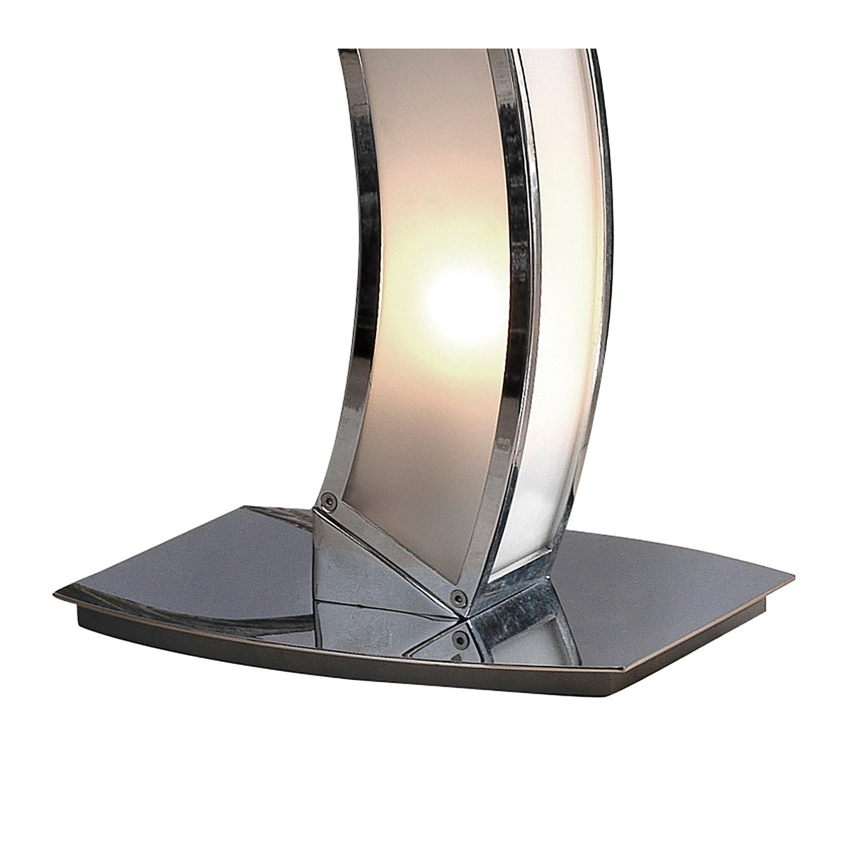 The Duna 6 Light Floor Lamp features a curved chrome base with white acrylic panels and glowing lights, mounted on a rectangular platform for stylish modern ambient lighting, shown isolated on a white background.