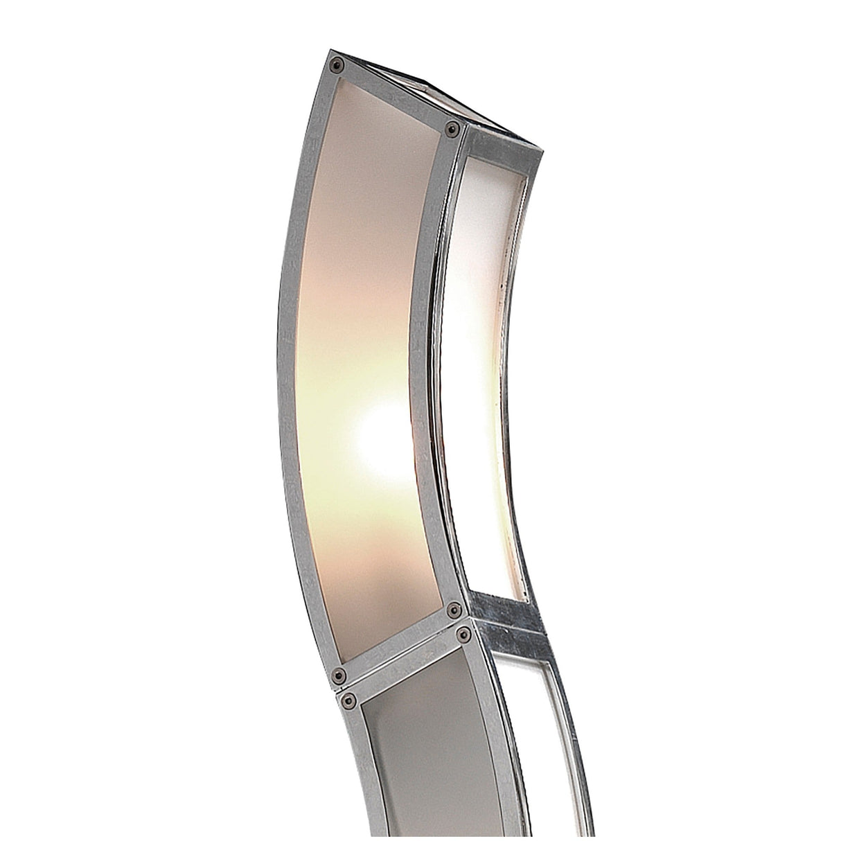 The Duna 6 Light Floor Lamp features a sleek chrome frame and white acrylic panels, casting a soft, warm glow—ideal for modern ambient lighting and beautifully showcased against a white background.