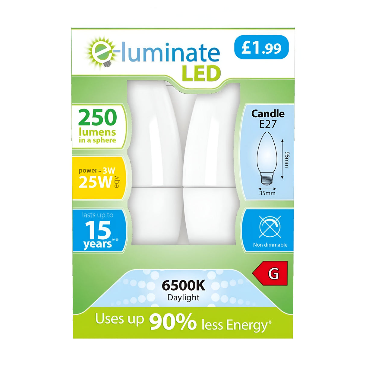 The packaging for the E-Luminate 3W Non-Dimmable LED Candle Bulb highlights its cutting-edge LED technology. Delivering 250 lumens with only 3 watts of power, it's equivalent to a traditional 25W bulb. With an E27 fitting and a daylight tone of 6500K, this bulb is designed in a candle shape. It is non-dimmable and promises up to 15 years of use while consuming 90% less energy, all for the price of £1.99 per bulb in a convenient two-pack.
