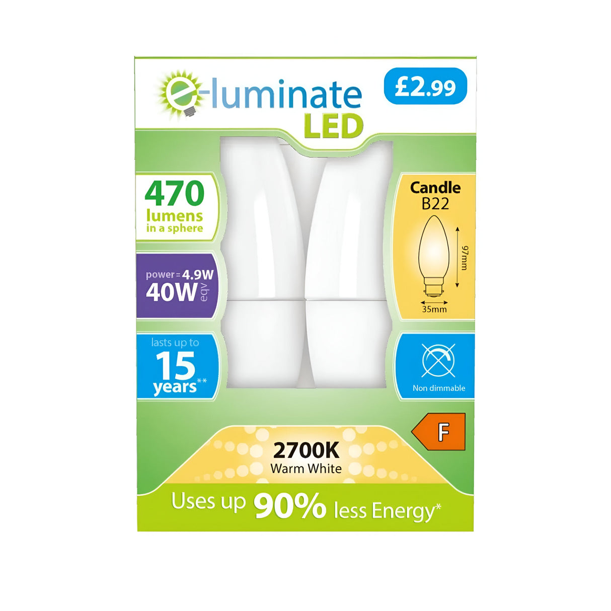 The packaging for the E-Luminate 4.9W Non-Dimmable LED Candle Bulb - Warm White, B22, 2700K (2 Pack) contains two candle-shaped bulbs. These energy-efficient bulbs provide 470 lumens and have a power consumption of 4.9W, equivalent to a traditional 40W bulb, with a lifespan of up to 15 years. They emit a warm white light at 2700K, are non-dimmable with an energy rating of F, and are priced at £2.99.