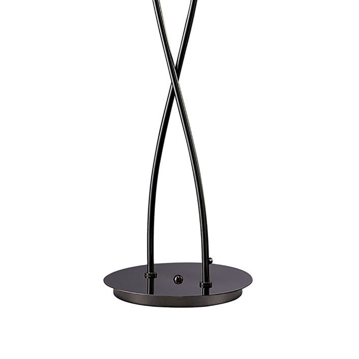 A detailed view of the Eclipse 2 Light Floor Lamp - Black Chrome shows two black metal rods crossing on a round, flat base—perfect for adding contemporary style to any room.
