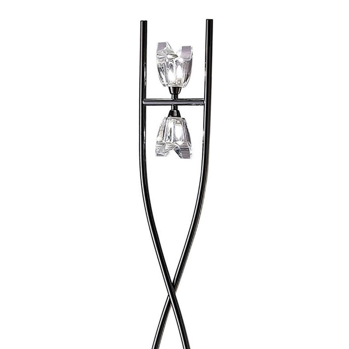 The Eclipse 2 Light Floor Lamp in black chrome features a sleek, crossed base and two clear geometric glass shades placed opposite each other, offering bold contemporary lighting for modern interiors.