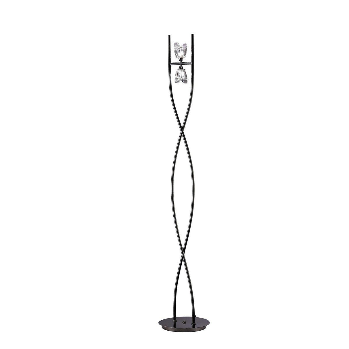 The Eclipse 2 Light Floor Lamp - Black Chrome features a twisted metal frame with two clear glass-shaded light fixtures near the top and a round, flat base—perfect for adding modern style and contemporary lighting to any space.