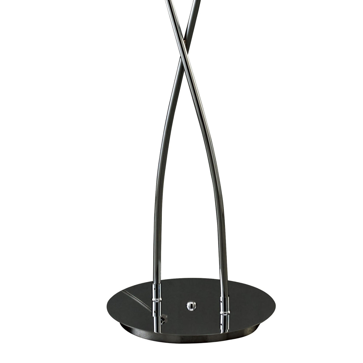 The Eclipse 2 Light Floor Lamp features two sleek, curved polished chrome rods that cross gracefully and attach to a round, glossy black base, offering a modern design ideal for stylish ambient lighting.