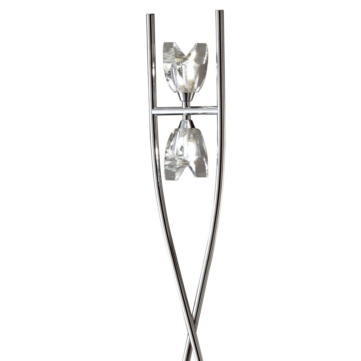 The Eclipse 2 Light Floor Lamp - Polished Chrome features two intersecting chrome poles with opposite glass fixtures near the top, ideal for ambient lighting.