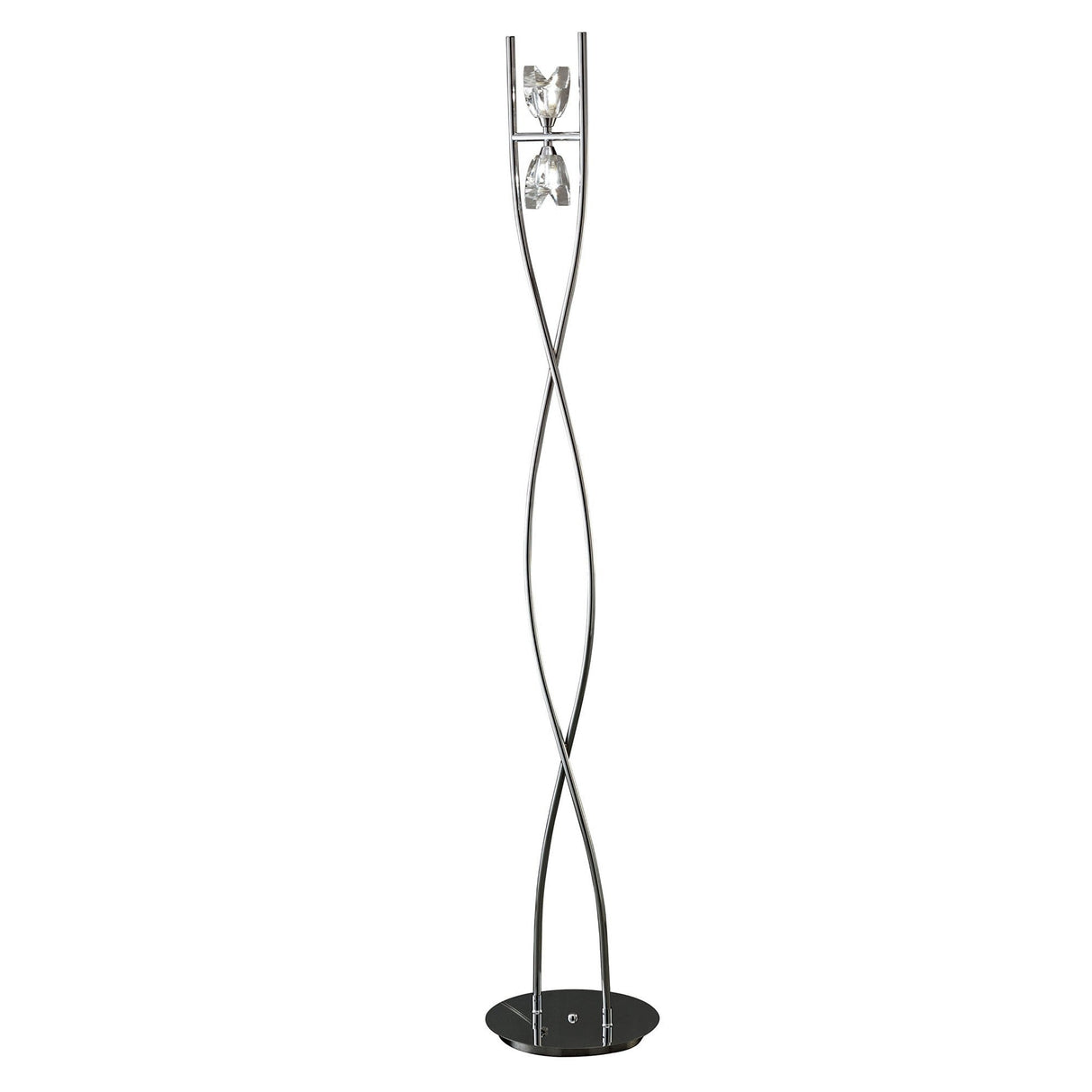 The Eclipse 2 Light Floor Lamp features polished chrome curved rods rising from a circular black base, with two glass or crystal fixtures providing elegant ambient lighting for contemporary spaces.