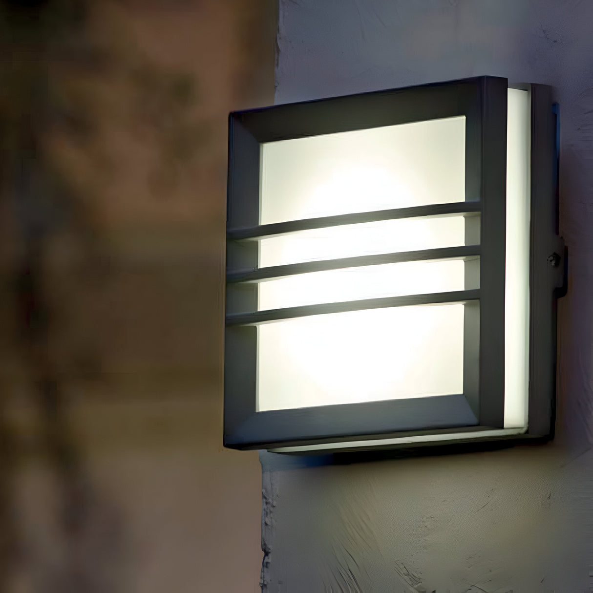 The Egil-2 Outdoor Wall/Ceiling Light in Graphite boasts a modern and minimalist design, featuring a cast aluminium rectangular frame paired with a frosted glass cover to emit a soft glow. Elegantly mounted on a textured wall, the light provides an aesthetic appeal against a beautifully blurred background.
