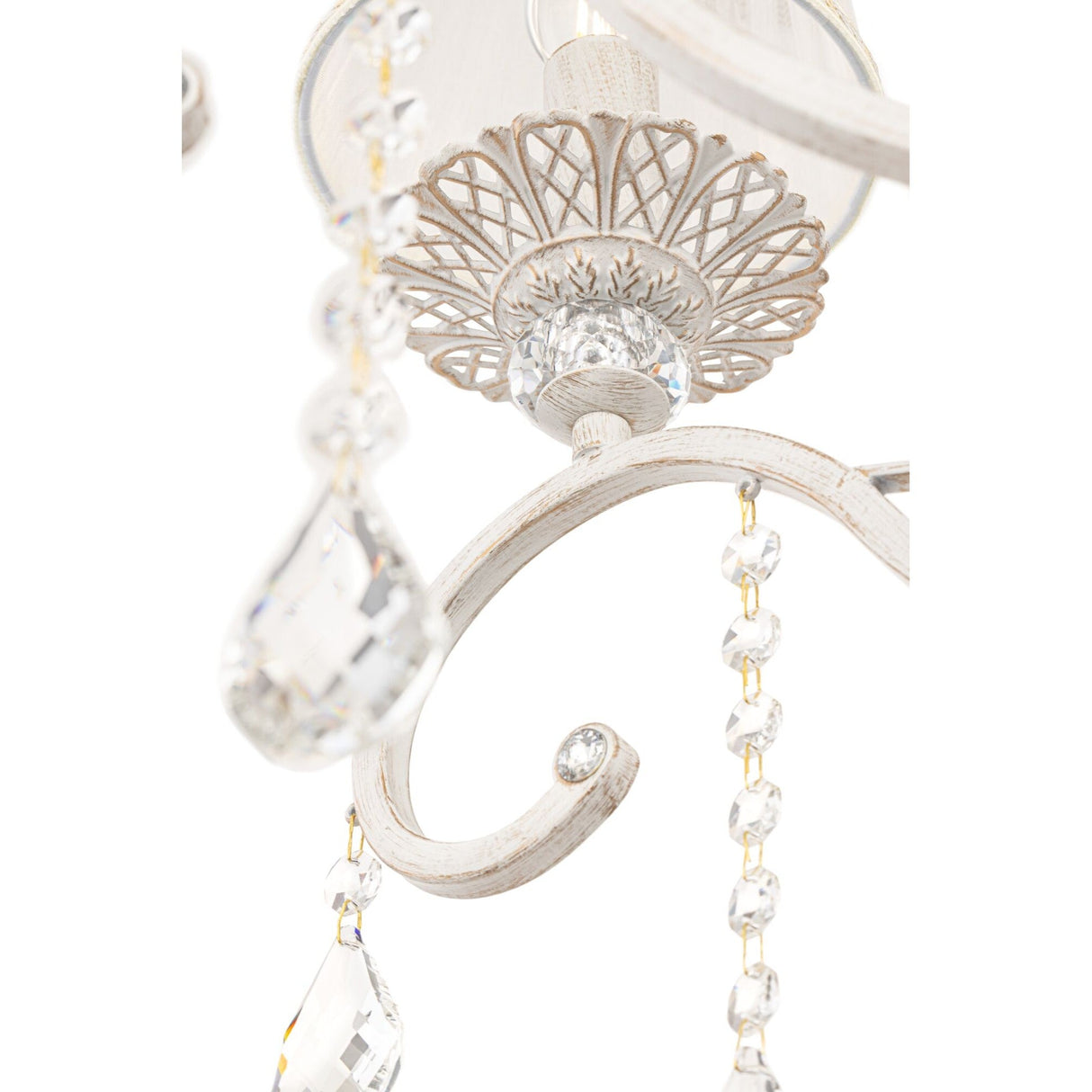 Close-up of the Grace 8 Light Chandelier - White, featuring crystal pendants, teardrop accents, and intricate distressed white metalwork for a vintage look. Delicate organza lampshades enhance its elegance by softening the glow.