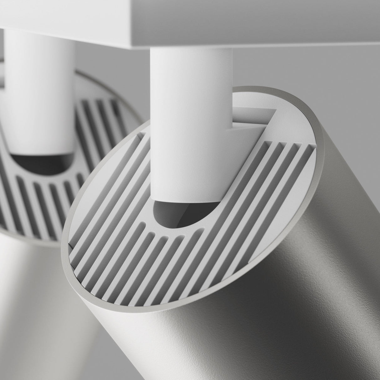 Close-up of FOCUS S Twin Bar Spotlight in white and matte silver, focusing on its sleek dual-head structure