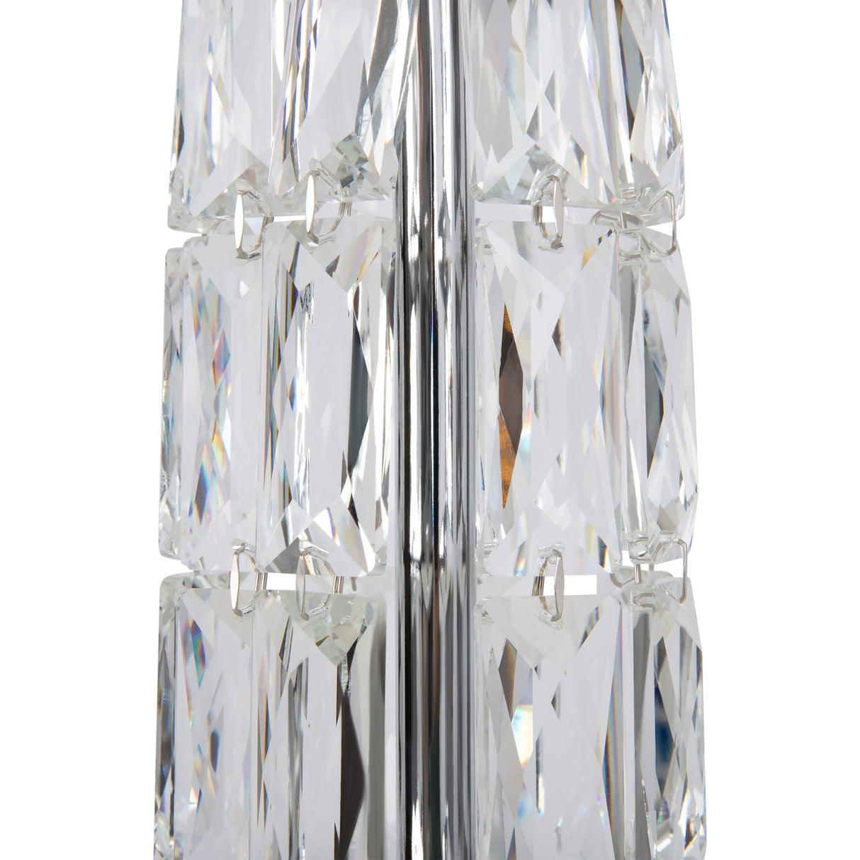 Close-up of Talento table lamp in chrome, showcasing the crystal glass details and modern finish.