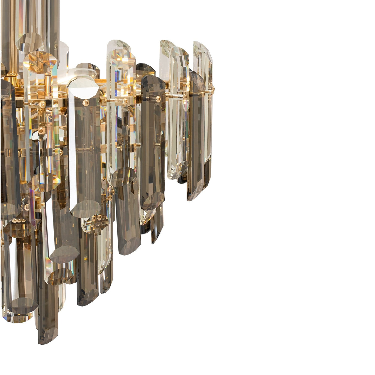 Close-up of the Flare 6 Light Chandelier - Gold, adorned with faceted crystals and long vertical elements. Its gold metal frame stands out elegantly against a plain white background.