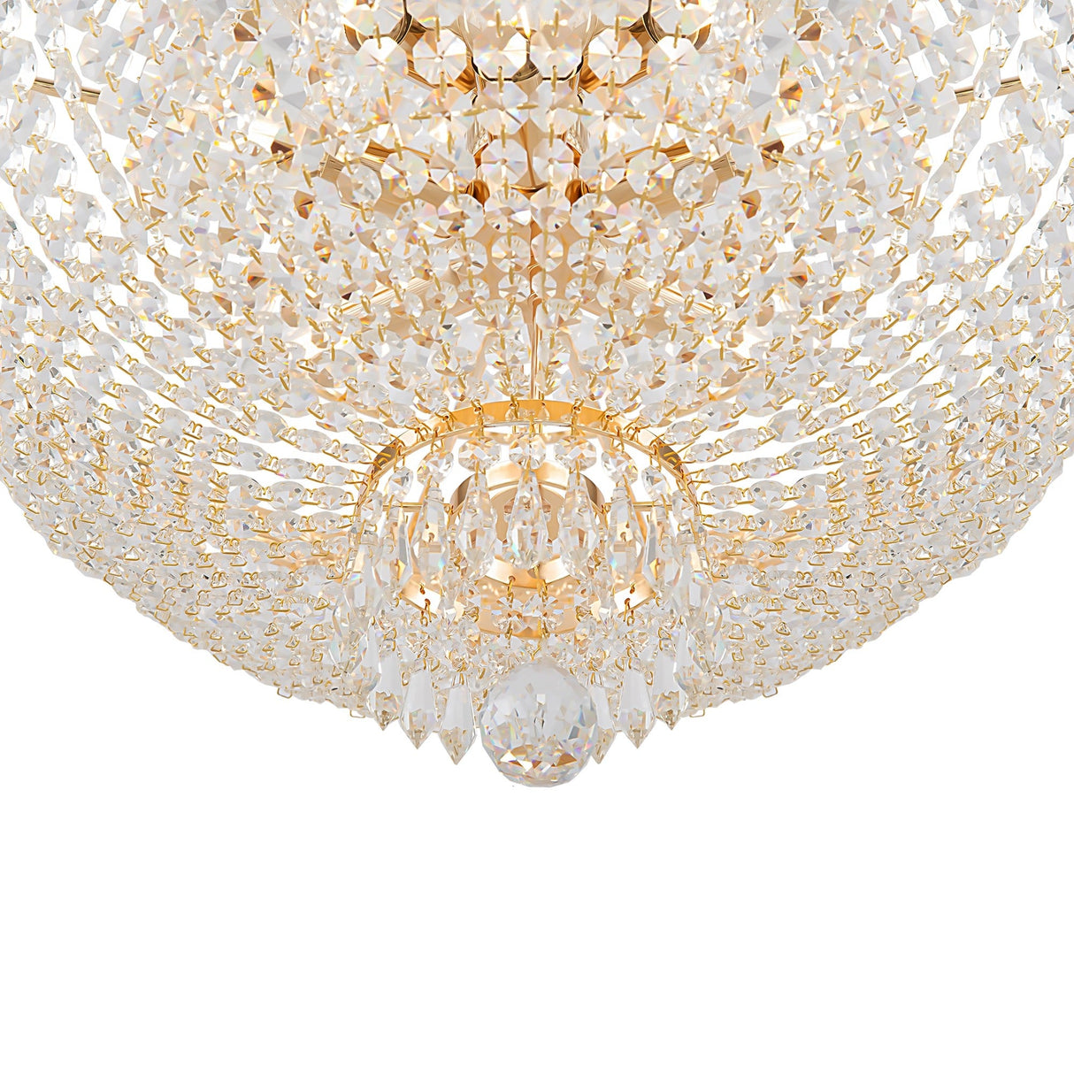 Close-up of the Bella 8 Light Crystal Chandelier - Gold against a white background, featuring layers of hanging crystals in a dome shape with shimmering gold finish accents.