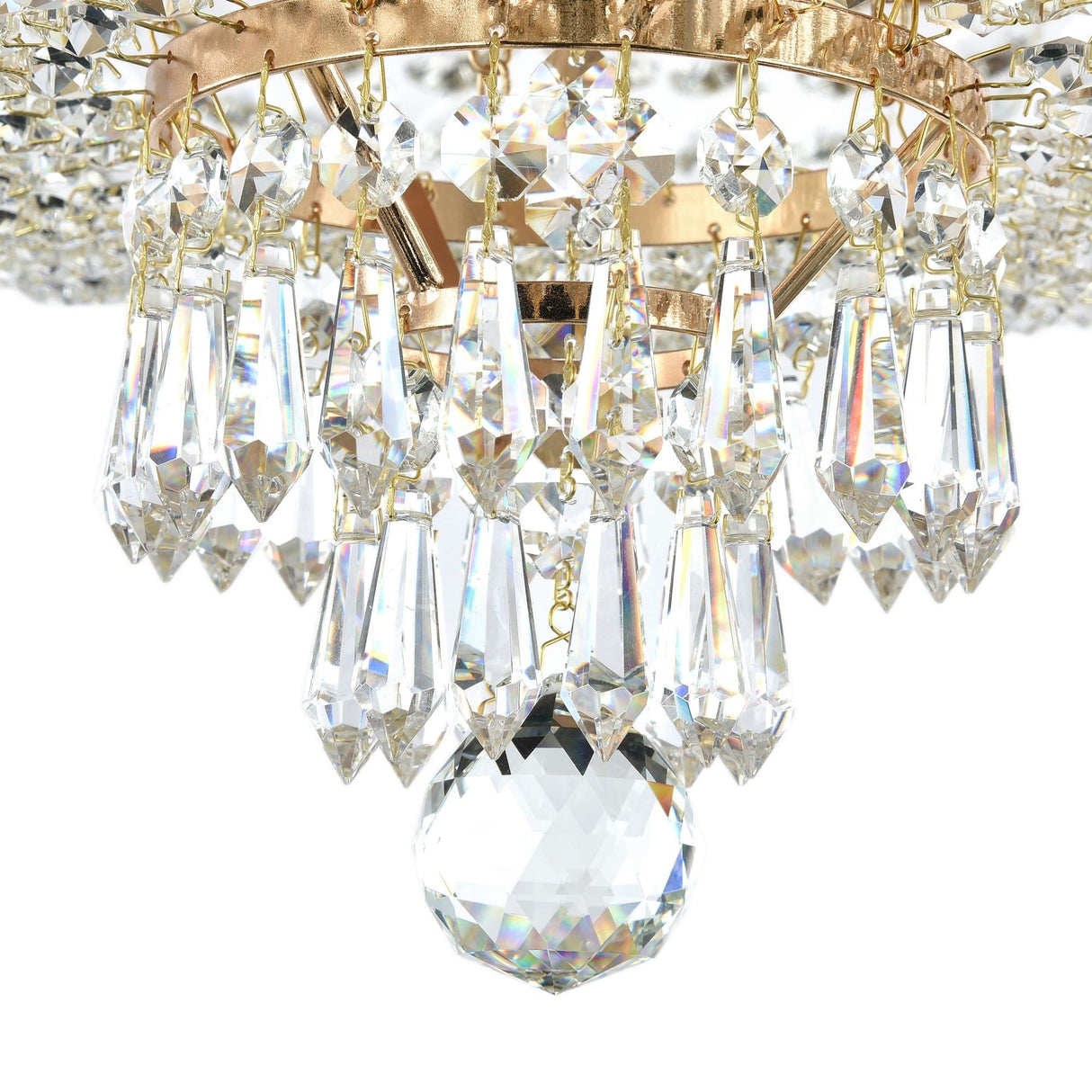 Close-up of the Palace 5 Light Crystal Chandelier - Gold, showcasing hanging crystal pendants and a large central faceted crystal. Its antique gold-toned framework adds elegance as light reflects off the crystals.
