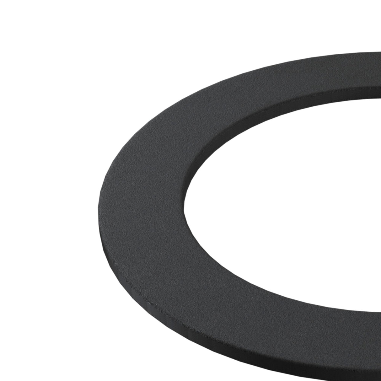 Close-up of a matte black ring against a white background, resembling part of a bezel. Its partially visible in the upper right corner, displaying its sleek finish similar to the Round Bezel For Kappell Downlight - Black.