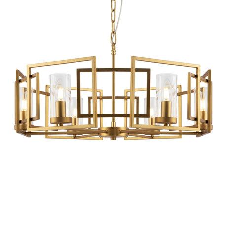 The Bowi 6 Light Chandelier - Gold offers modern elegance with its geometric design, boasting several square frames and cylindrical glass covers for each bulb. Its perfect for adding a contemporary, sophisticated touch to any space.
