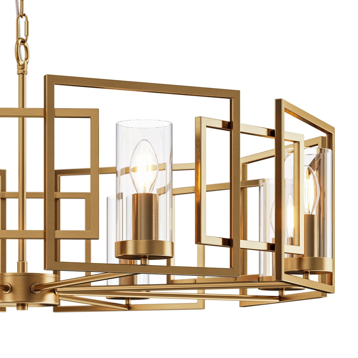 The Bowi 8 Light Chandelier in gold features a geometric design with rectangular frames and cylindrical glass shades encasing bulbs. Its sleek look and visible hanging chain bring stunning modern elegance to any room.