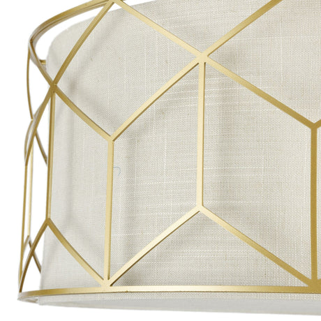 The Messina 3 Light Semi-Flush - Gold showcases a geometric gold metal frame and natural linen lampshade, with intersecting lines creating elegant hexagonal patterns.